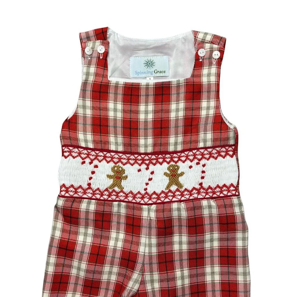 Classic Christmas Gingerbread Smocked Tartan Jon Jon - Christmas Holiday - Picture 4 of 7